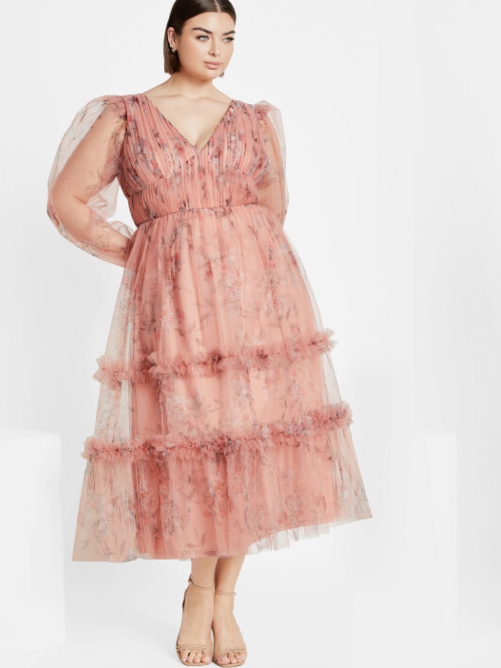 City Chic Pink Kitty Long Sleeve Tulle Floral Cottagecore Maxi Dress NWT Sz 20